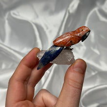 Load image into Gallery viewer, Orange Calcite and Sodalite Bird Carving on Quartz
