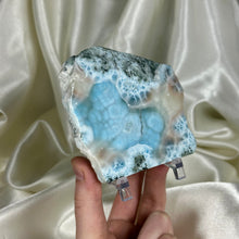 Load image into Gallery viewer, RARE! Bicolor “Cotton Candy” XL Chatoyant Larimar Slab on Stand
