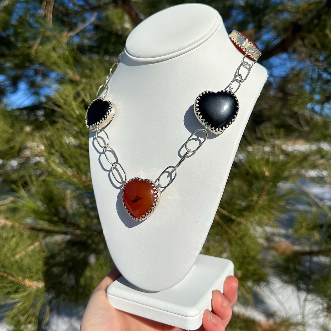 “The Queen of Hearts” Carnelian + Obsidian x Sterling Silver Statement Necklace