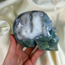 Load image into Gallery viewer, XXL “Overgrown” Moss Agate Skull Carving

