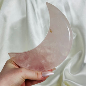 XL Rose Quartz Moon Carving with bits of Golden Healer (with stand)