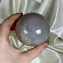 Load image into Gallery viewer, Milky-Blue Rose Quartz Sphere with Smoky Quartz
