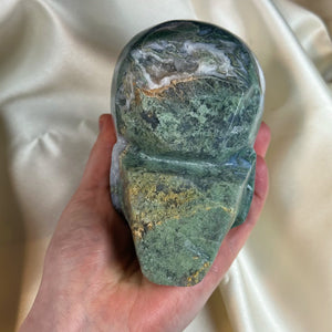 XXL “Overgrown” Moss Agate Skull Carving