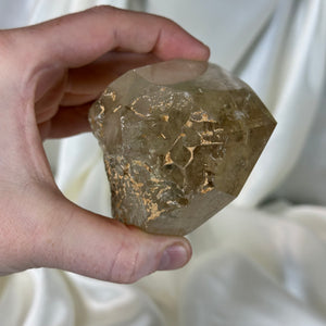 Natural Elestial Half Polished Citrine Freeform with Rainbows on Stand