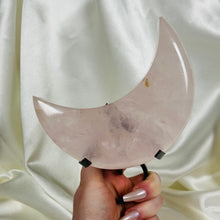 Load image into Gallery viewer, XL Rose Quartz Moon Carving with bits of Golden Healer (with stand)
