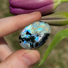 Load image into Gallery viewer, 8.1g AA Grade Rainbow Moonstone with Black Tourmaline Inclusions Cabochon
