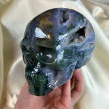 Load image into Gallery viewer, XXL “Druzy Forest” Moss Agate Skull Carving
