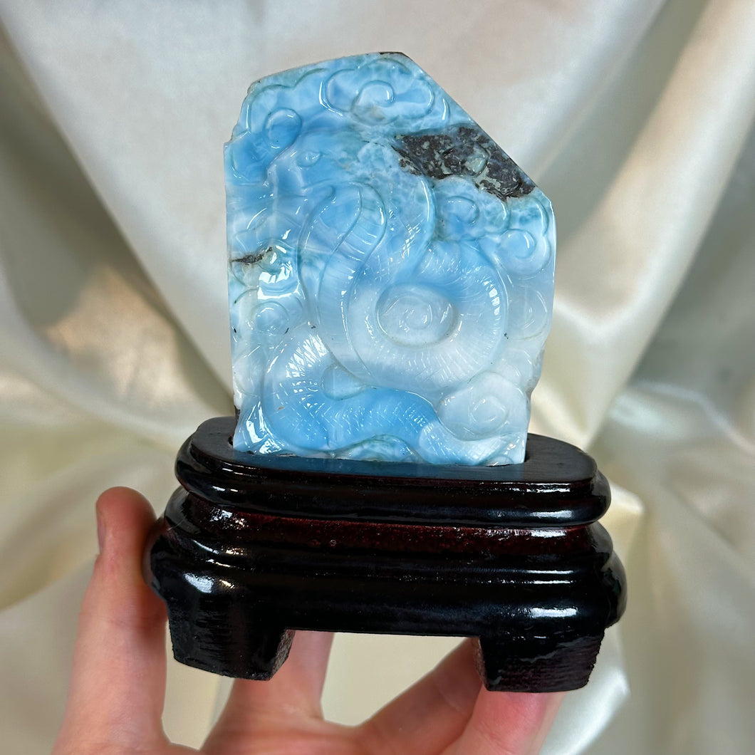 AAA Larimar Cobra Carving with Custom Stand - Collector’s Piece