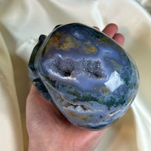 Load image into Gallery viewer, XXL “Druzy Forest” Moss Agate Skull Carving
