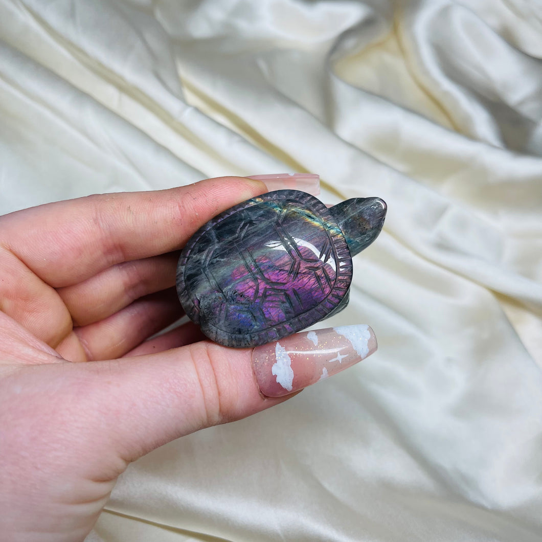 Rare Purple/Pink Labradorite Turtle Carving 1 (tiny imperfection on the end of its shell)