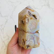 Load image into Gallery viewer, Unique 1.5lb Pastel Pink and Blue Flower Agate Tower with Druzy Pocket
