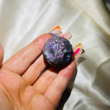 Load image into Gallery viewer, Rare Purple Labradorite Full Moon Sphere Carving 7
